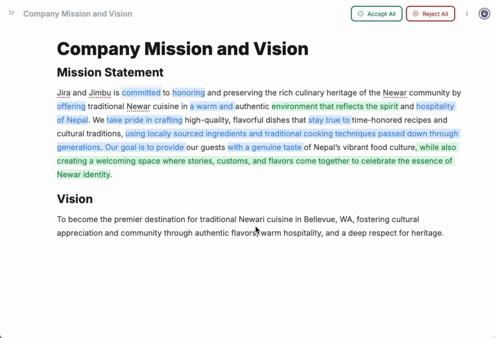Screenshot of Ehu AI change comparison interface